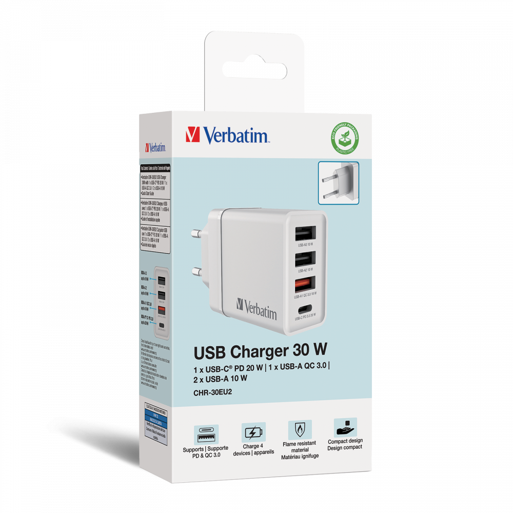 Verbatim 30W 4 Bağlantılı Usb Şarj Cihazı Beyaz 1x Usb-C® PD 20W / 1 x Usb-A QC 3.0 / 2 x Usb-A 10W (AB)-(49701)