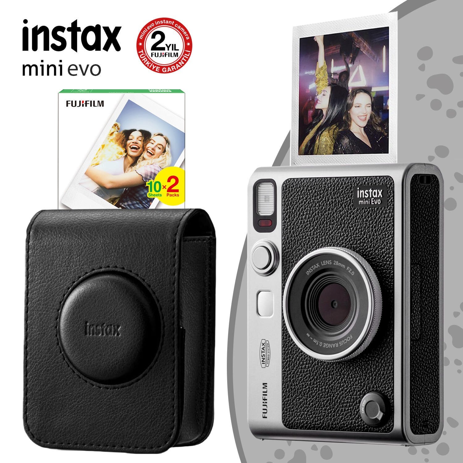 Instax Mini Evo Fotoğraf Makinesi Siyah + 20'li Film ve Çanta Set