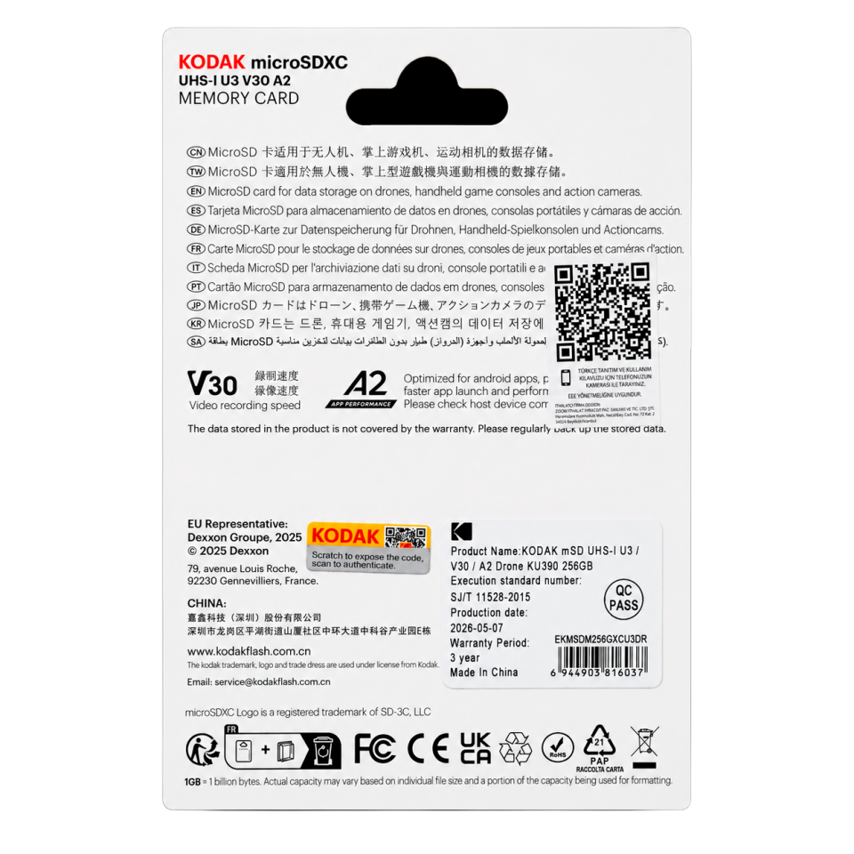 Kodak 256GB Micro SD UHS-I U3/V30/A1 Drone İçin KU390
