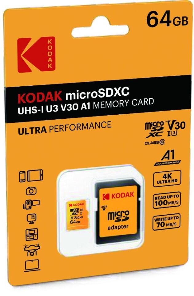 Kodak 64GB Micro SD UHS-I U3/V30/A1 Yellow Kart + Adaptör