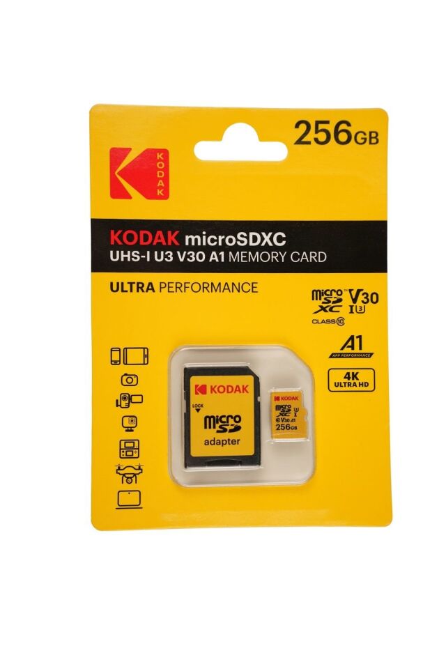 Kodak 256GB Micro SD UHS-I U3/V30/A1 Yellow Kart + Adaptör