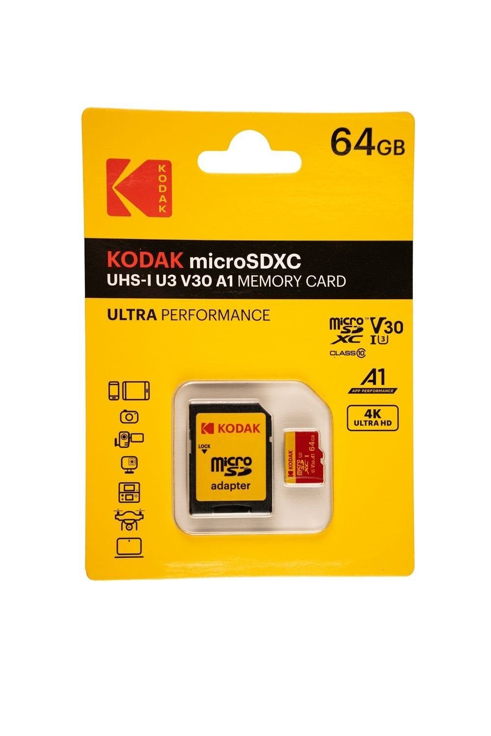 Kodak 64GB Micro SD UHS-I U3/V30/A1 Red Kart+ Adaptör