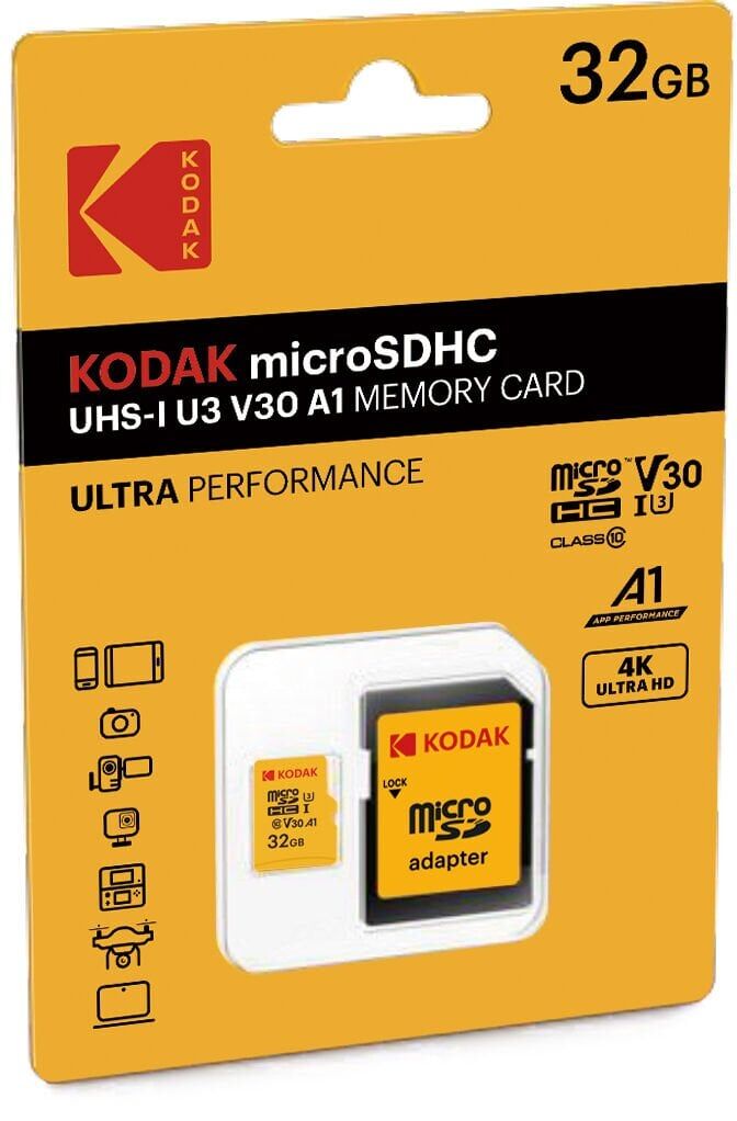 Kodak 32GB Micro SD UHS-I U3/V30/A1 Hafıza Kartı + Adaptör (Sarı)