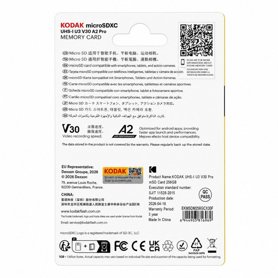 Kodak 256GB Micro SD UHS-I U3 V30PRO Hafıza Kartı