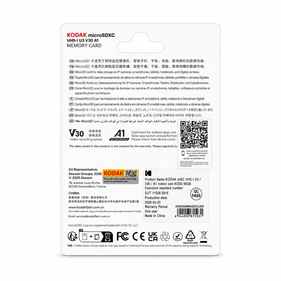 Kodak 64GB Micro SD UHS-I U3/V30/A1 Güvenlik Kamerası İçin Kart KI330