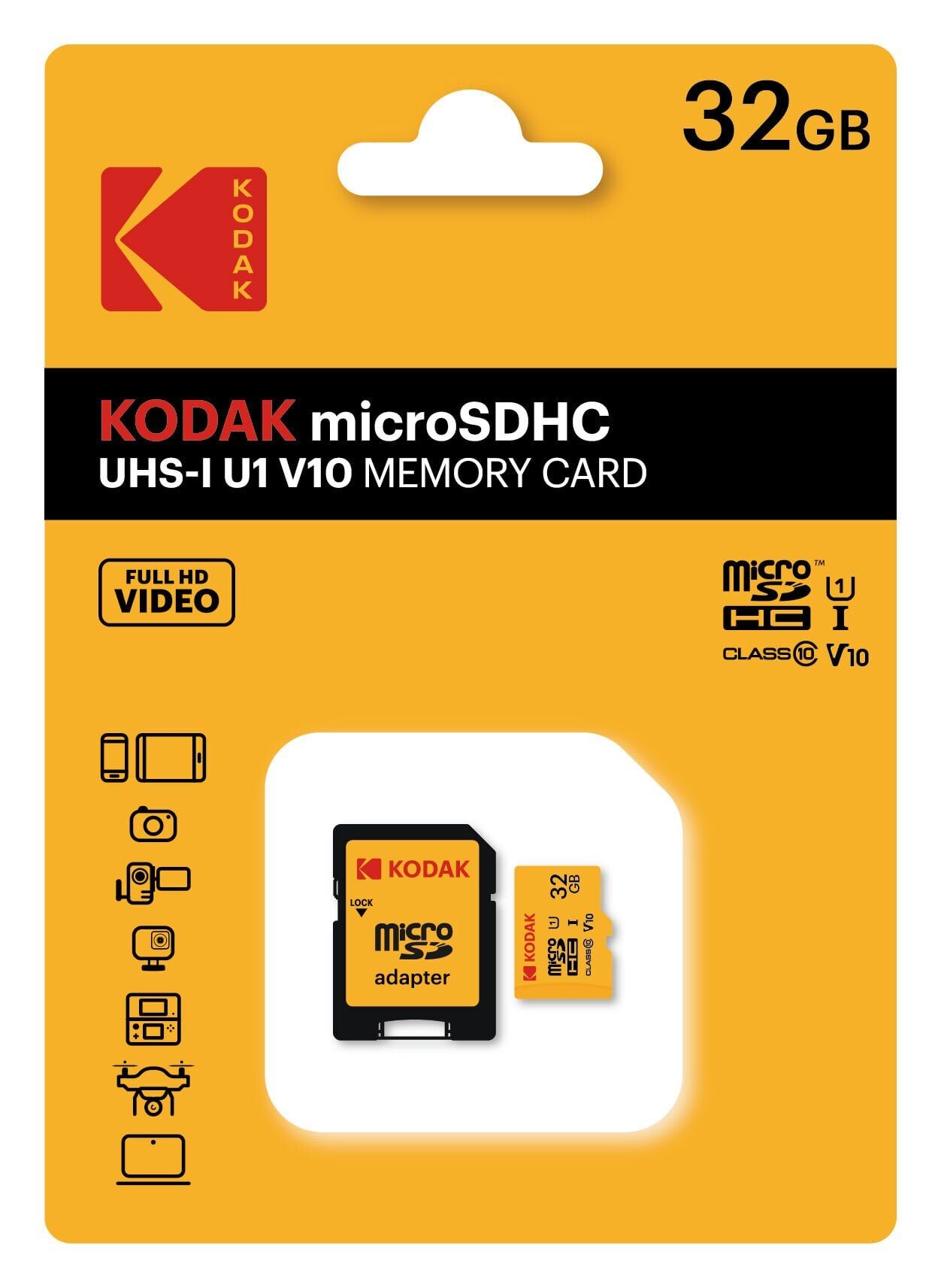 Kodak 32GB Micro SD UHS-I C10 U1 V10 Kart + Adaptör (Sarı)