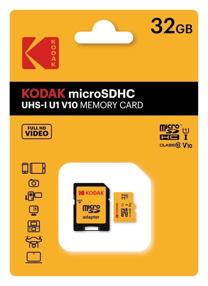 Kodak 32GB Micro SD UHS-I C10 U1 V10 Kart + Adaptör (Sarı)
