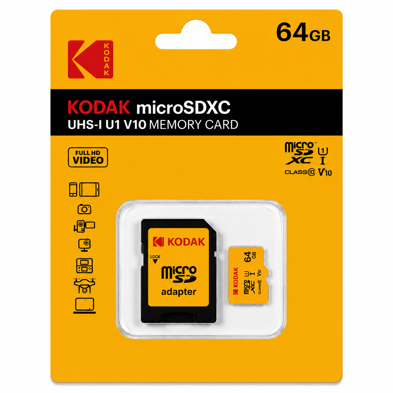 Kodak 64GB Micro SD UHS-I C10 U1 V10 Kart + Adaptör (Sarı)