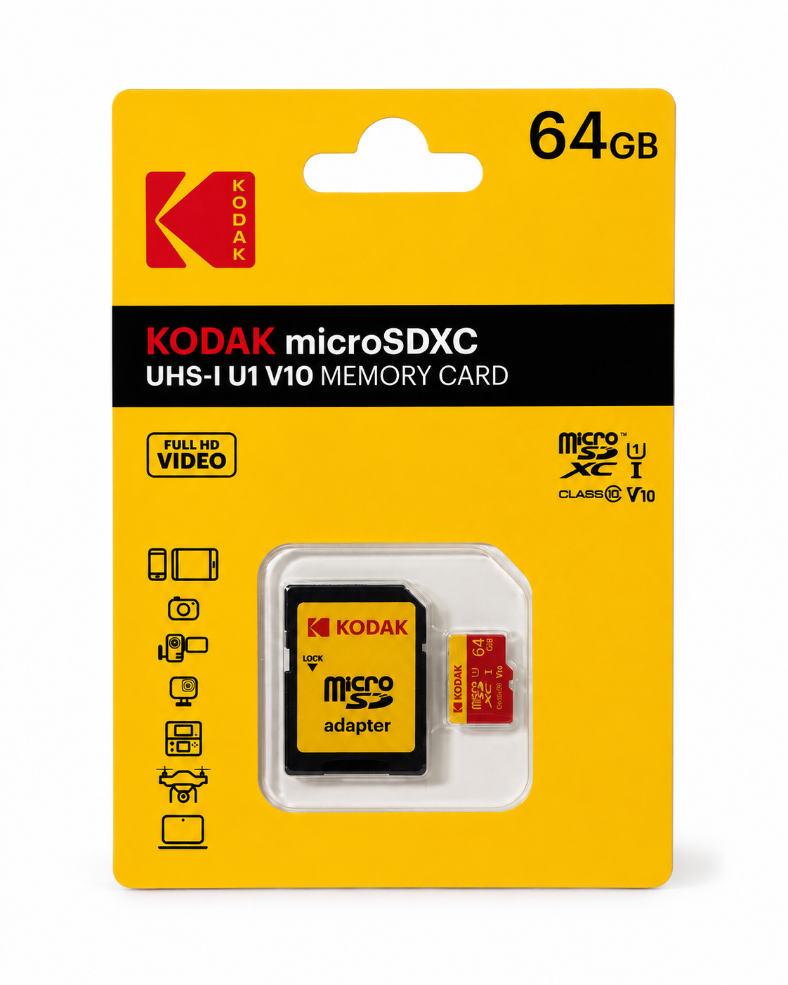 Kodak 64GB Micro SD UHS-I C10 U1 V10 Kart + Adaptör (Kırmızı)