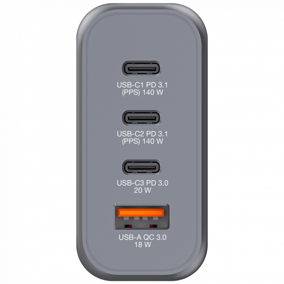 Verbatim 140W GAN Hızlı Şarj 4-Bağlantı Noktalı 2 x Usb-C PD 140W / 1 x USB-C PD 20W / 1 x USB-A QC 3.0-(32203)