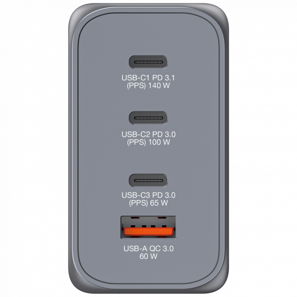 Verbatim240 W GAN Hızlı Şarj 4 Bağlantı Noktalı C 1 x Usb-C® PD 140W /1 x Usb-C® PD 100W / 1 x Usb-C® PD 65W / 1 x Usb-A QC 3.0