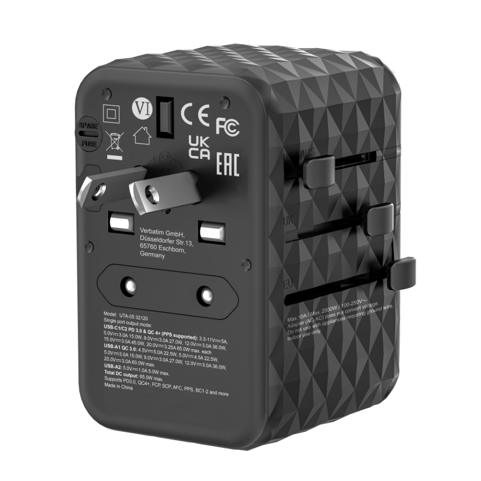 Verbatim 65W GAN 3 Evrensel Seyahat Adaptörü  2 x Usb-C PD ve QC 4+ 2 x Usb-A-(32120)
