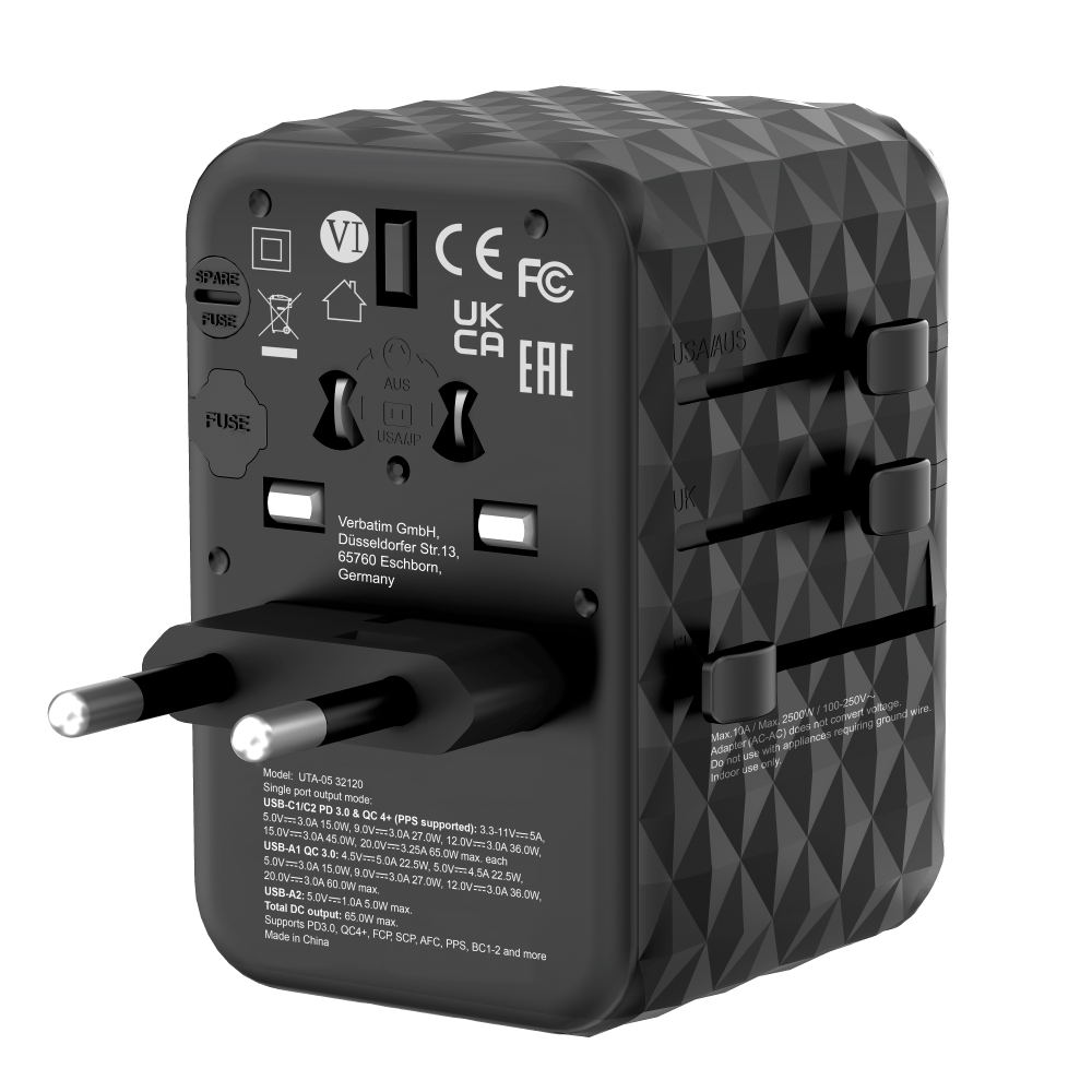 Verbatim 65W GAN 3 Evrensel Seyahat Adaptörü  2 x Usb-C PD ve QC 4+ 2 x Usb-A-(32120)