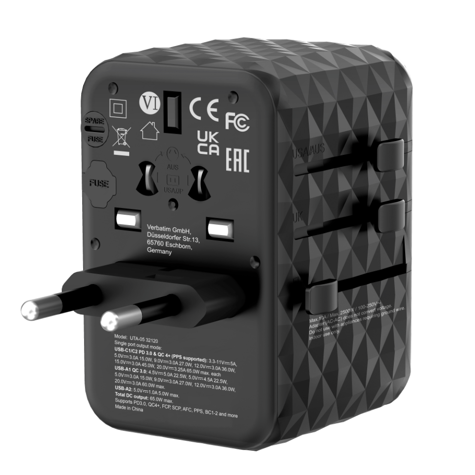 Verbatim 65W GAN 3 Evrensel Seyahat Adaptörü  2 x Usb-C PD ve QC 4+ 2 x Usb-A-(32120)