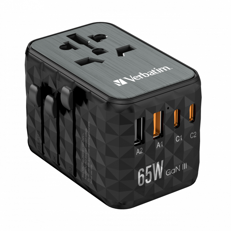 Verbatim 65W GAN 3 Evrensel Seyahat Adaptörü  2 x Usb-C PD ve QC 4+ 2 x Usb-A-(32120)