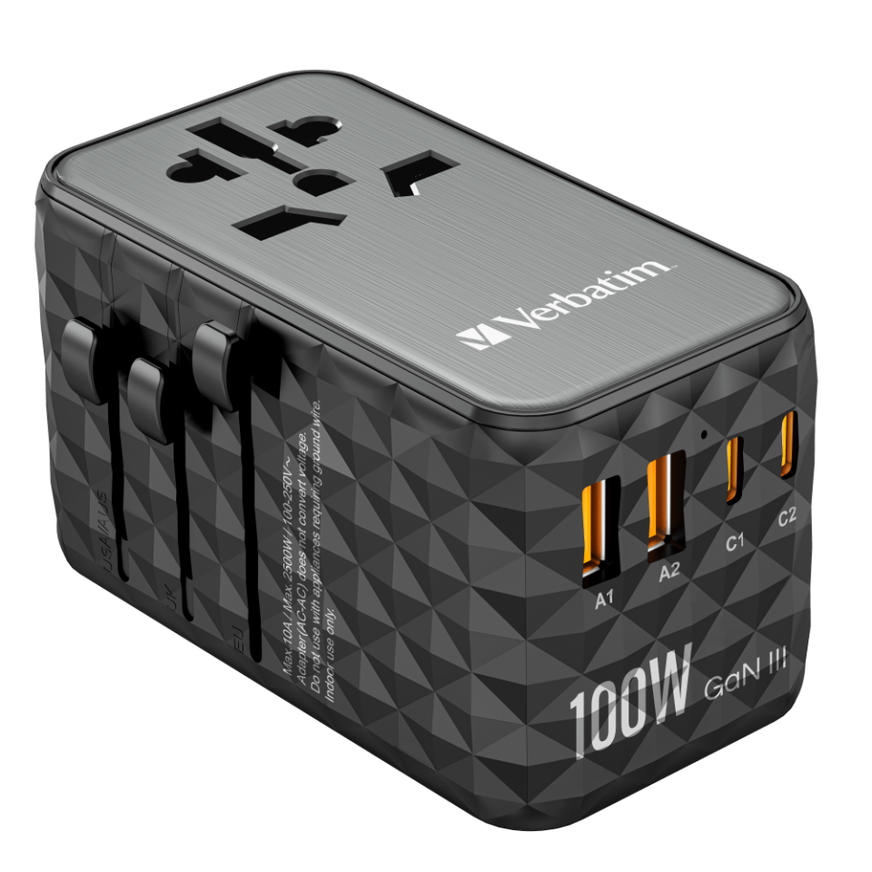 Verbatim 100W GAN 3 Evrensel Seyahat Adaptörü  2x Usb-C PD ve QC 4+ 2 x Usb-A QC 3.0-(32121)