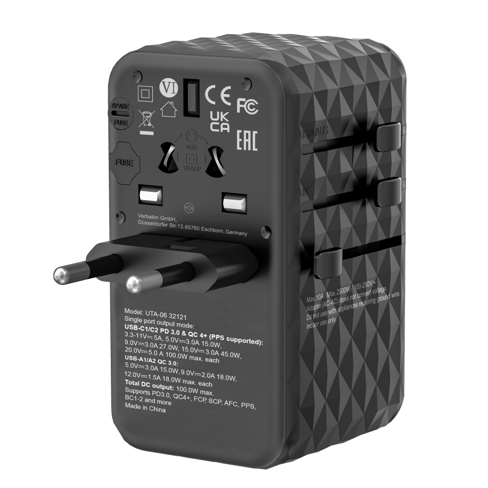 Verbatim 100W GAN 3 Evrensel Seyahat Adaptörü  2x Usb-C PD ve QC 4+ 2 x Usb-A QC 3.0-(32121)