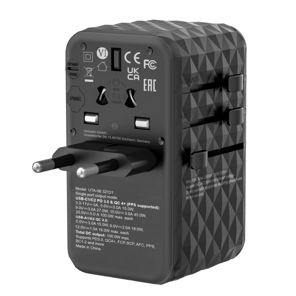 Verbatim 100W GAN 3 Evrensel Seyahat Adaptörü  2x Usb-C PD ve QC 4+ 2 x Usb-A QC 3.0-(32121)
