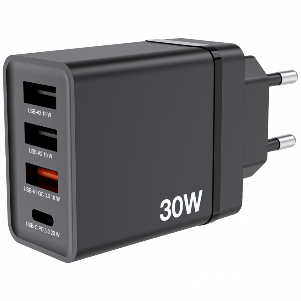 Verbatim 30W 4 Bağlantılı Usb Şarj Cihazı Siyah  1x Usb-C® PD 20W / 1 x Usb-A QC 3.0 / 2 x Usb-A 10W (AB)-(49700)