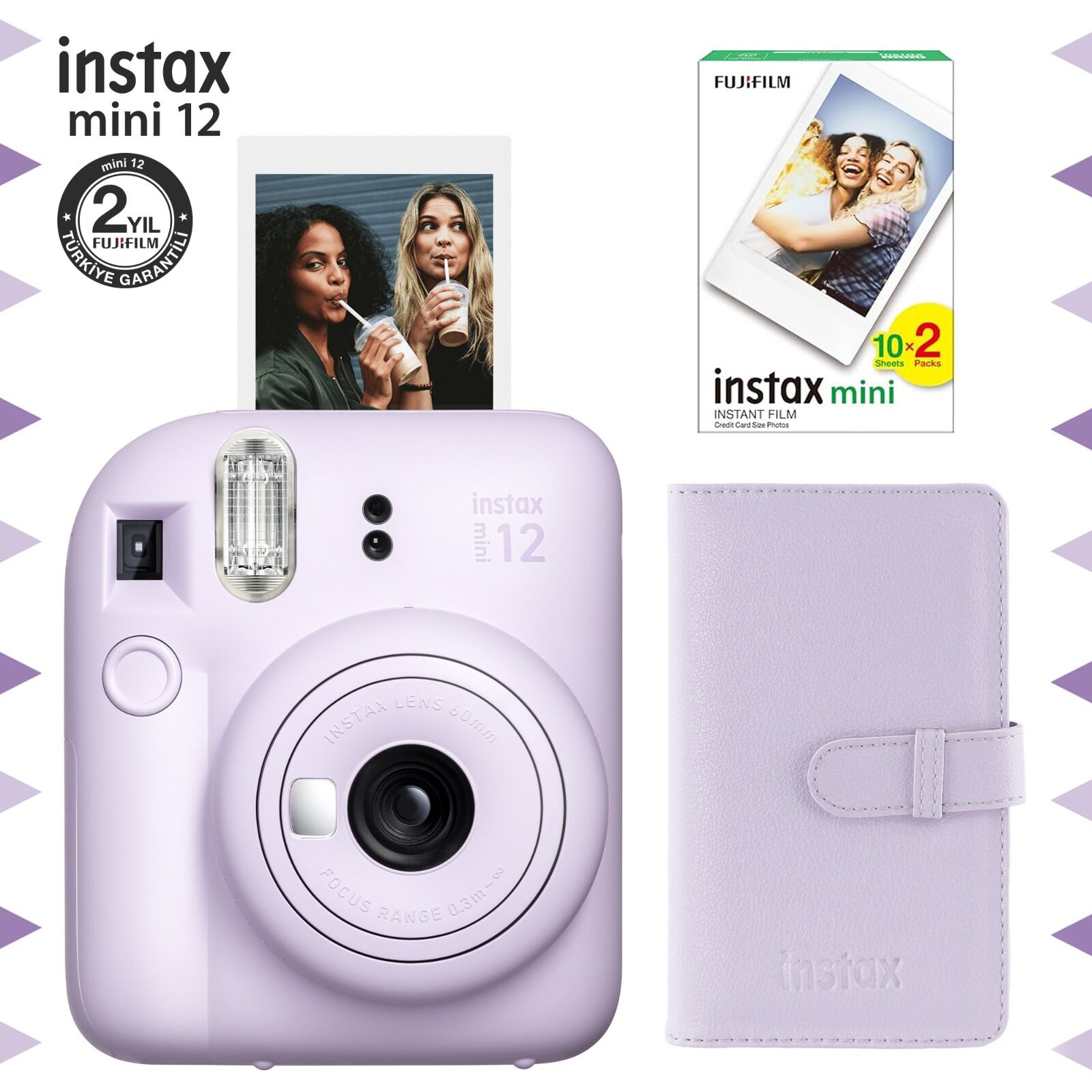 Instax Mini 12 Fotoğraf Makinesi Lila + 20'li Film ve Laporta Albüm