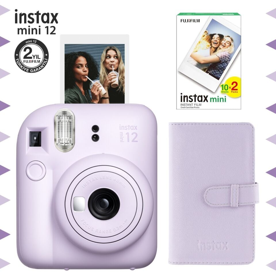Instax Mini 12 Fotoğraf Makinesi Lila + 20'li Film ve Laporta Albüm