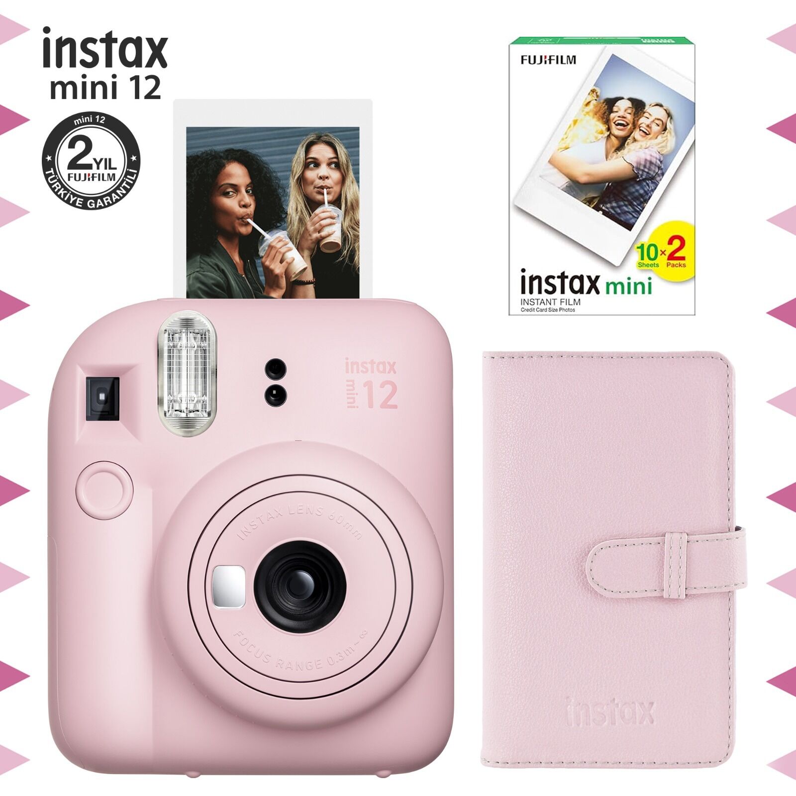 Instax Mini 12 Fotoğraf Makinesi Pembe + 20'li Film ve Laporta Albüm