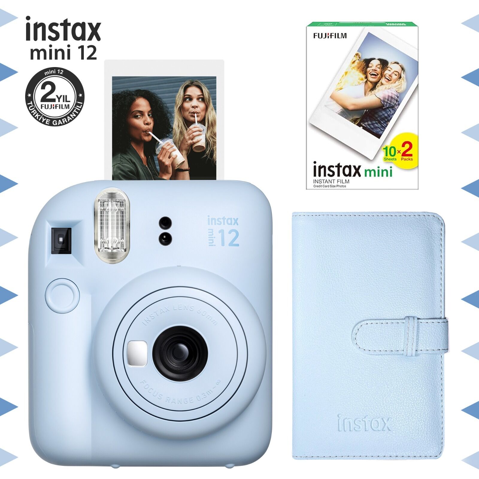Instax Mini 12 Fotoğraf Makinesi Mavi + 20'li Film ve Laporta Albüm
