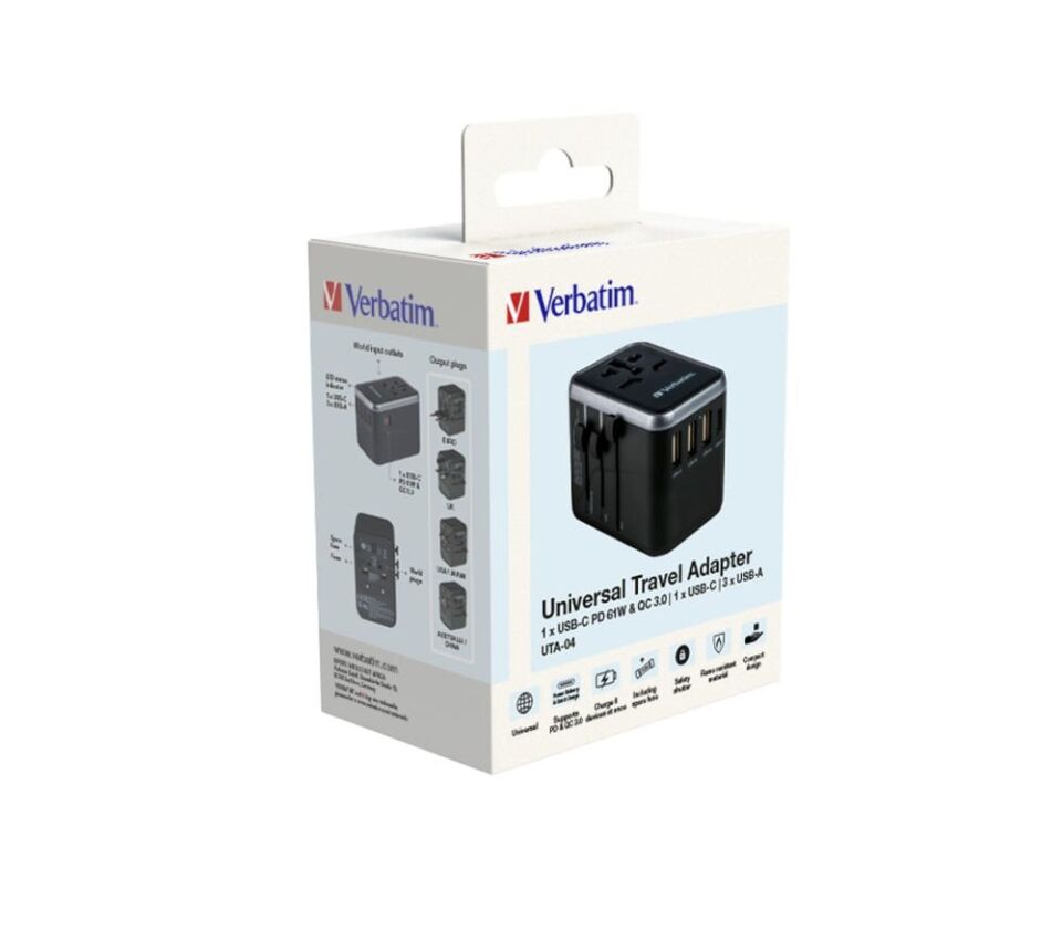 Verbatim Evrensel Seyahat Şarj Adaptörü UTA-04 61W PD3 3x Usb-A 2x Usb-C-(49546)