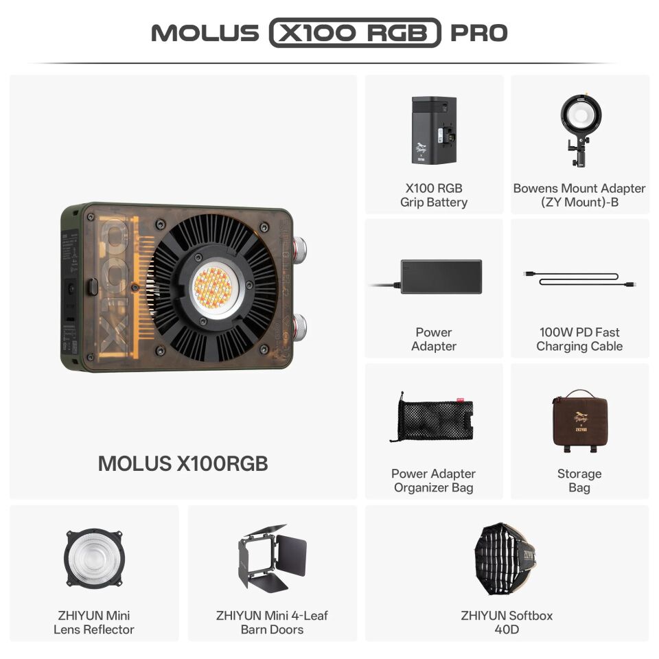 Zhiyun Molus X100 RGB Pro Paket 100W COB Taşınabilir LED Video Işığı